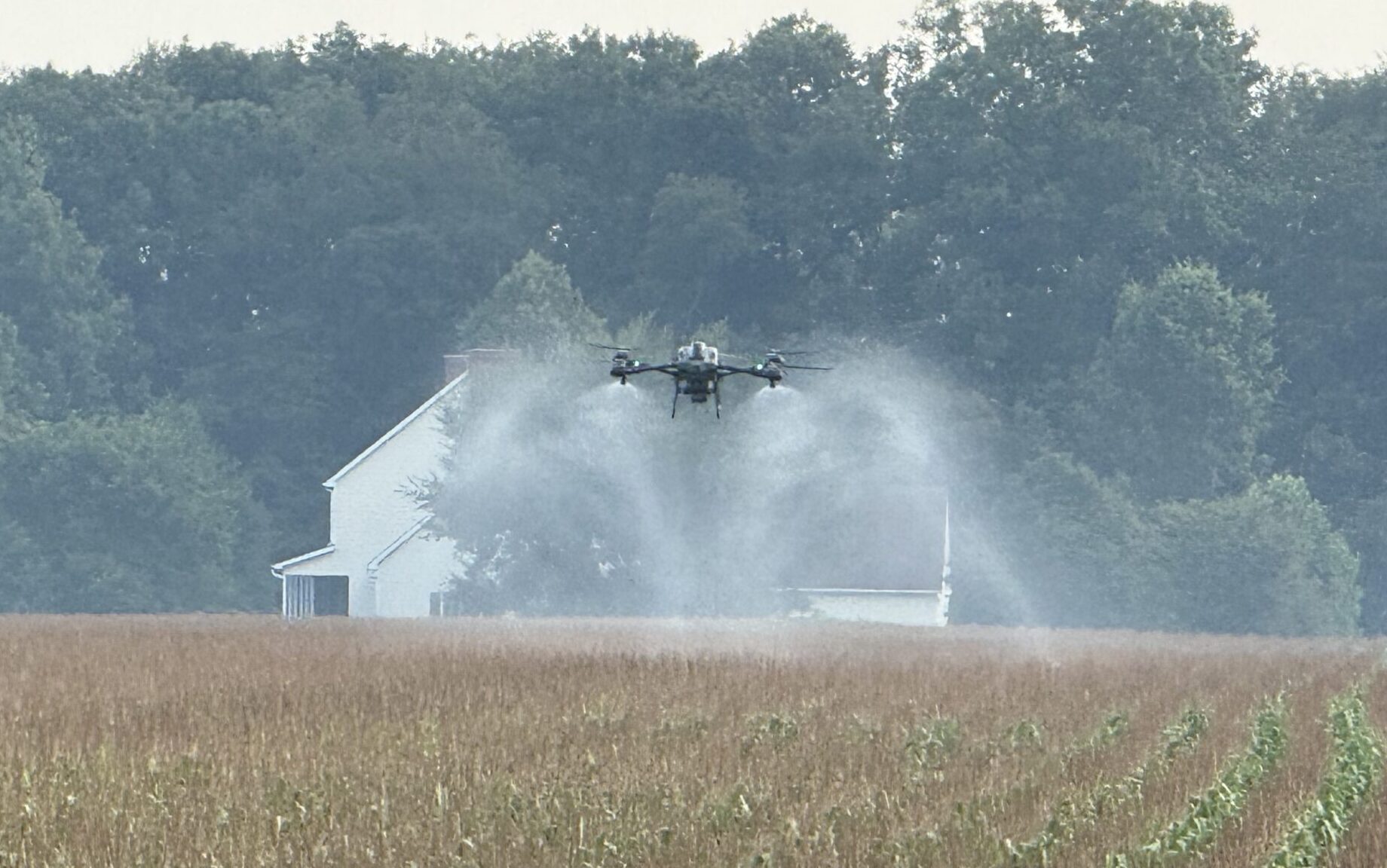 Agricultural drone applying crop treatment over a field, demonstrating precision drone spraying services for farmers and land managers. Agricultural drone applying crop treatment over a field, demonstrating precision drone spraying services for farmers and land managers.