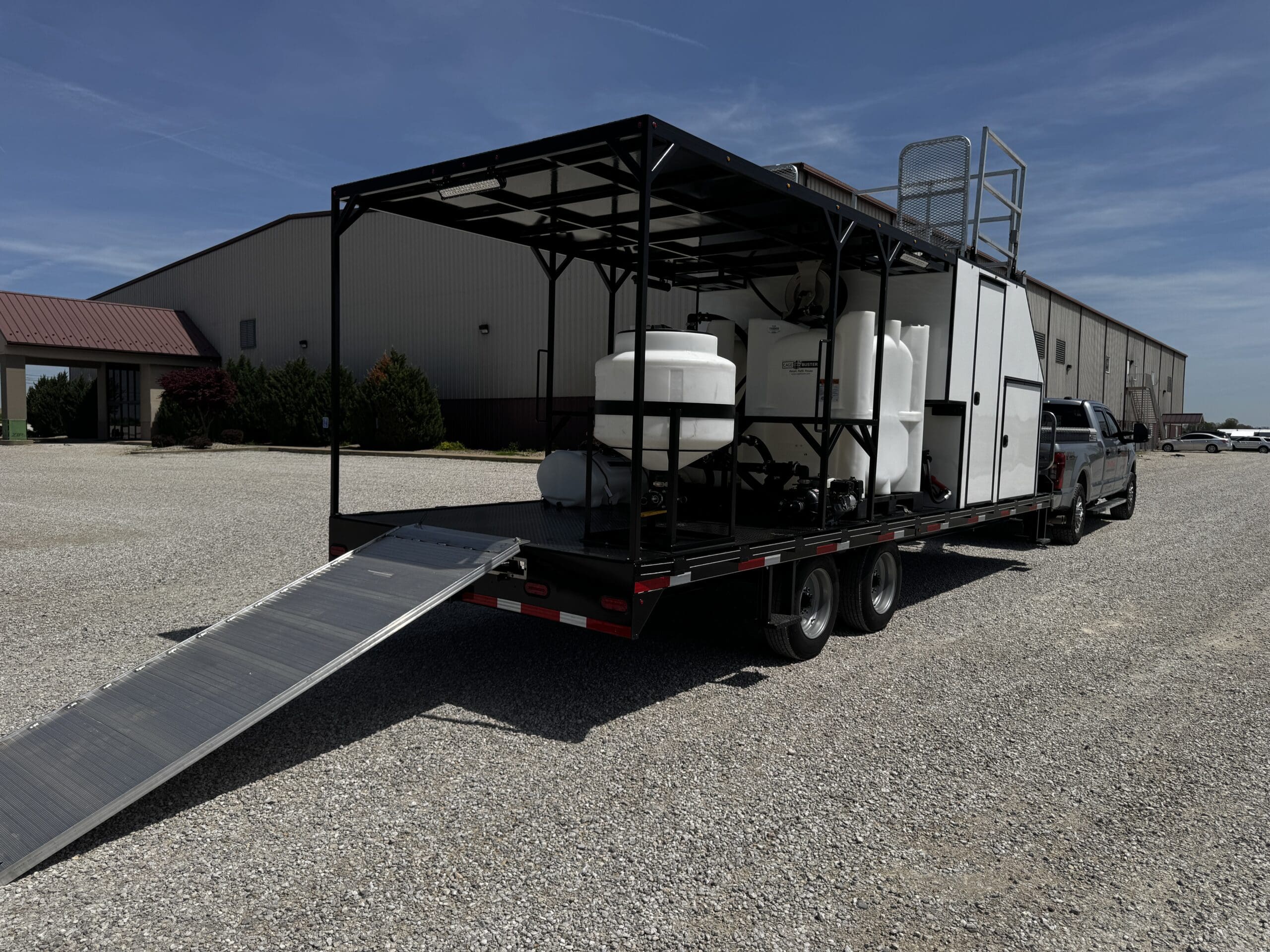 Heritage Drone Service agricultural spray trailer with liquid tanks and support equipment used for professional drone spraying operations in Northern Indiana.